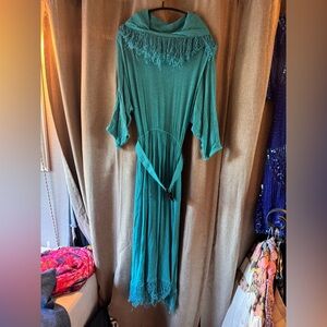 Vintage Sybil California Chic Teal Long Sleeve Dress with Fringe